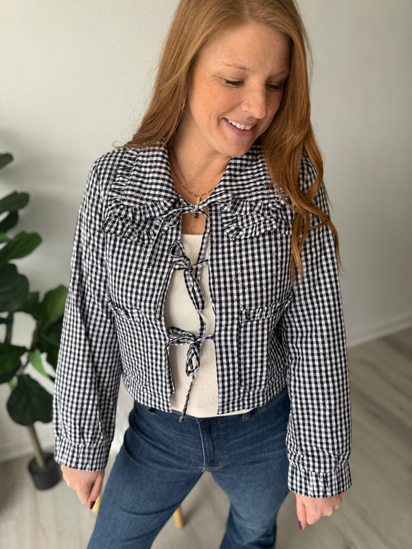 Checkered Bow Puff Jacket