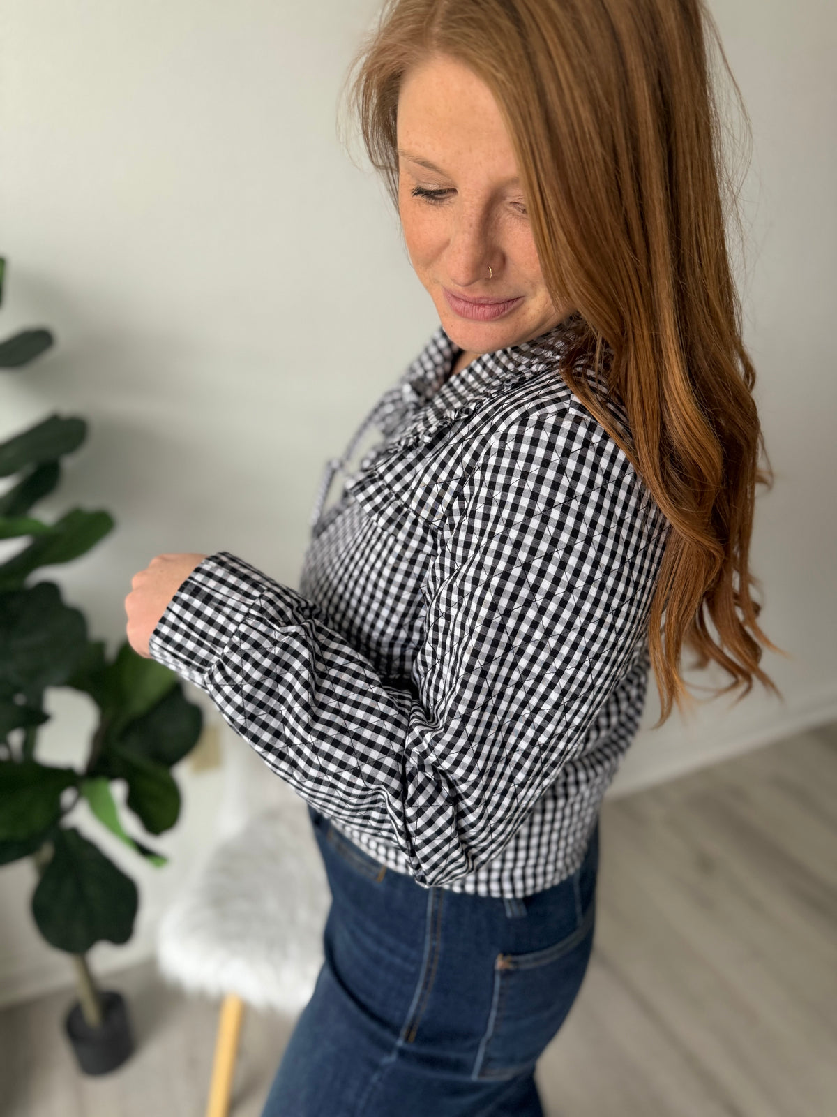 Checkered Bow Puff Jacket