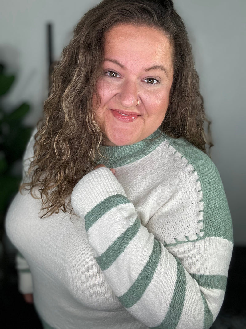 Sage & Ivory Blanket Stitch Sweater