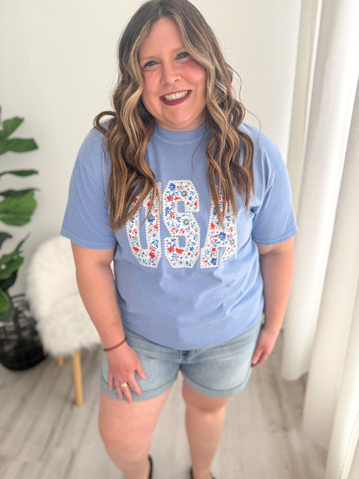 Blue Floral USA Graphic Tee