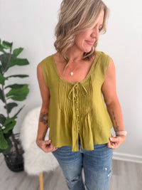 Olive Scallop Button Tank Top