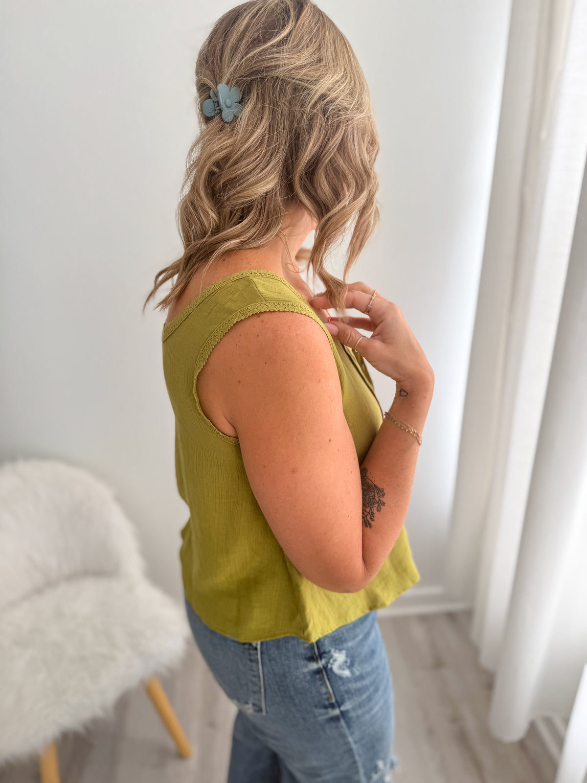 Olive Scallop Button Tank Top
