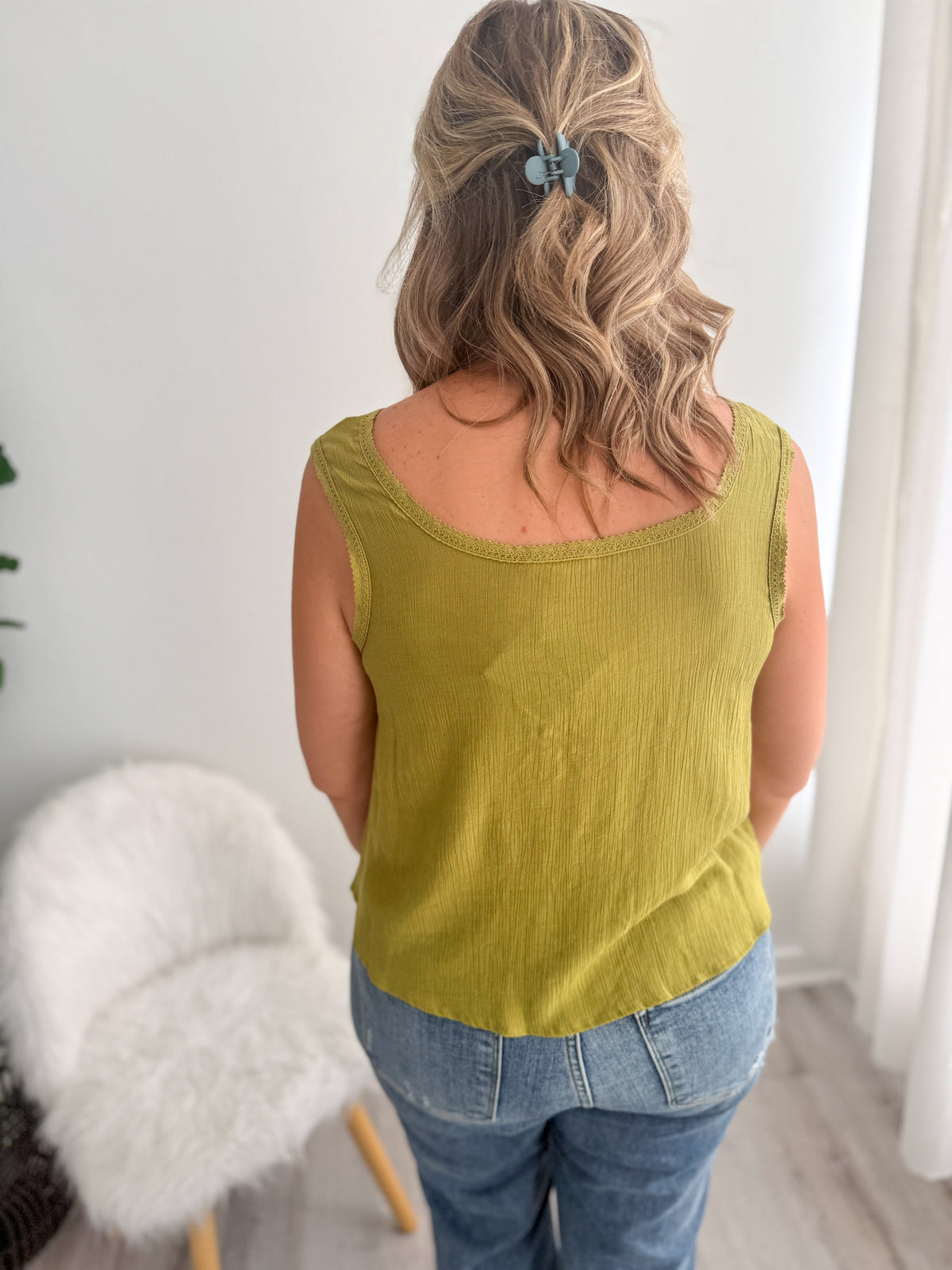 Olive Scallop Button Tank Top