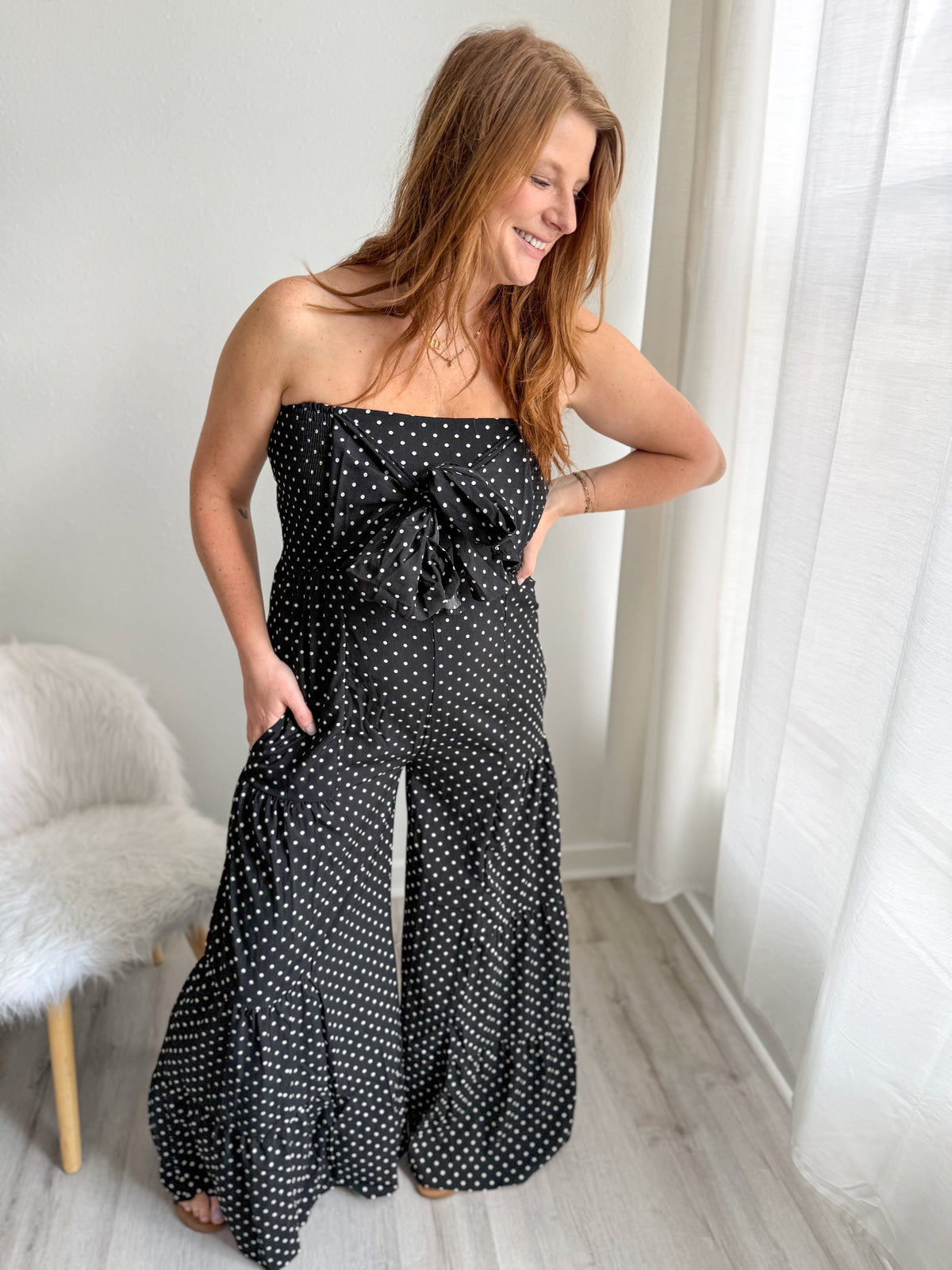 Polka Dot Tie Front Jumpsuit