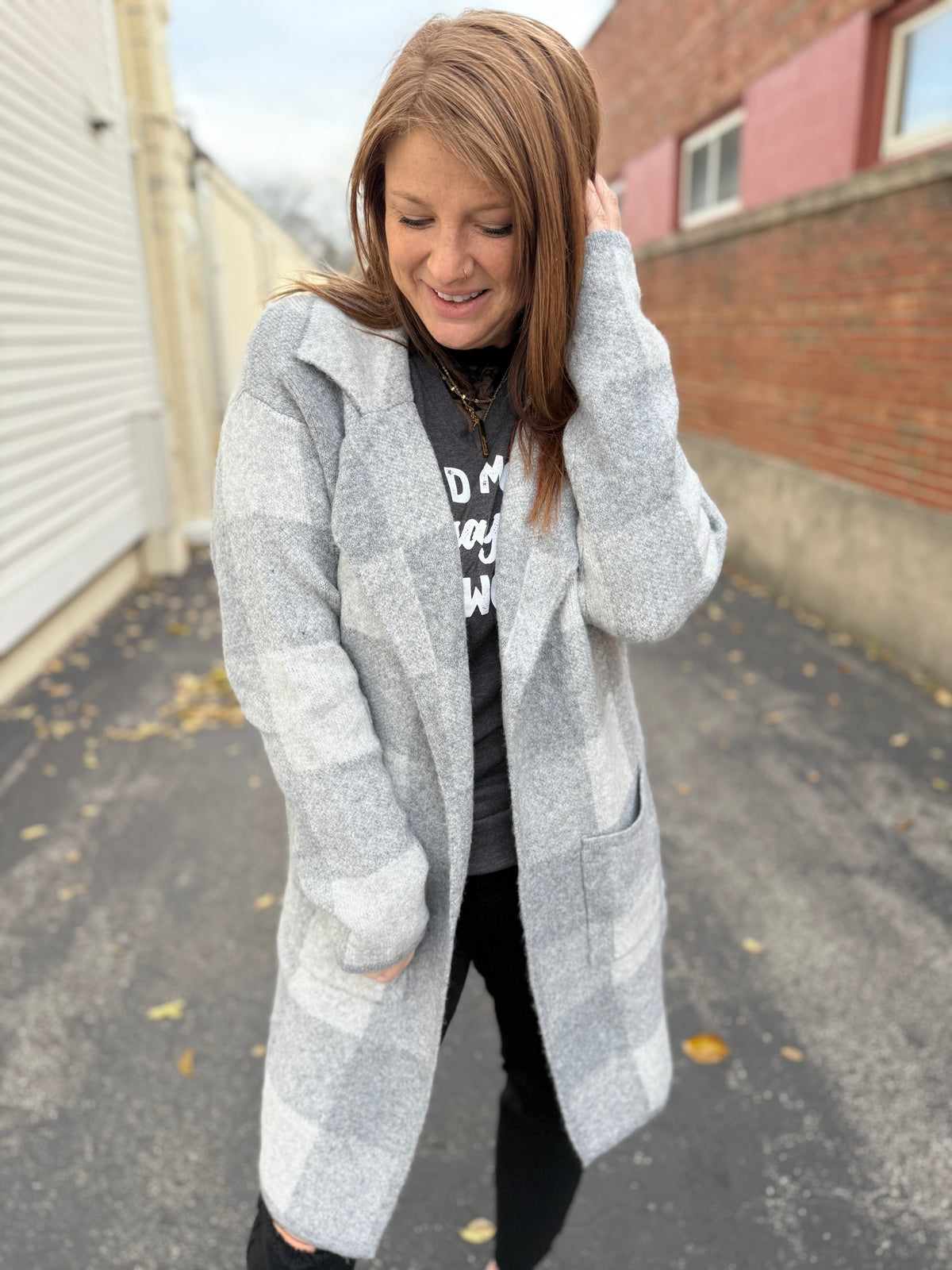 Gray Checkered Sweater Jacket