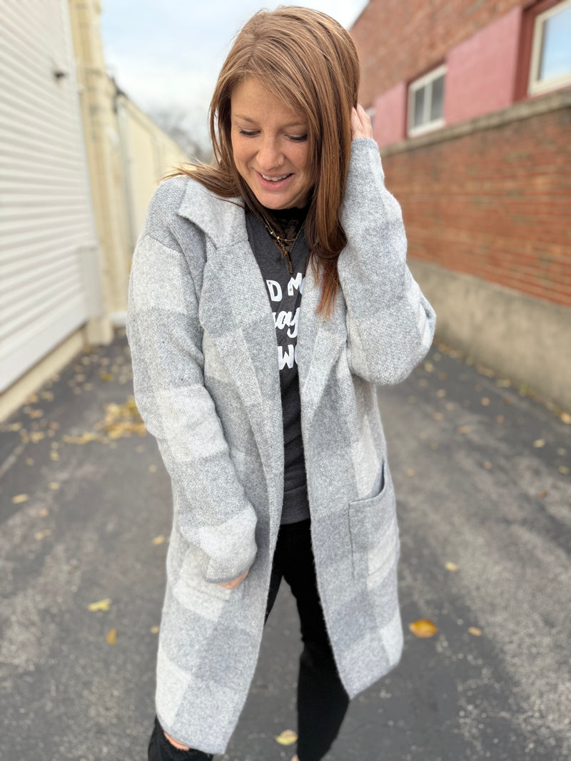 Gray Checkered Sweater Jacket