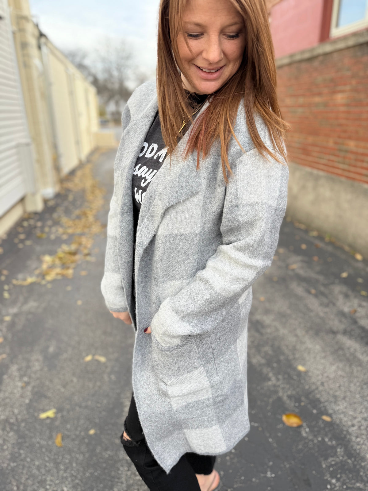 Gray Checkered Sweater Jacket