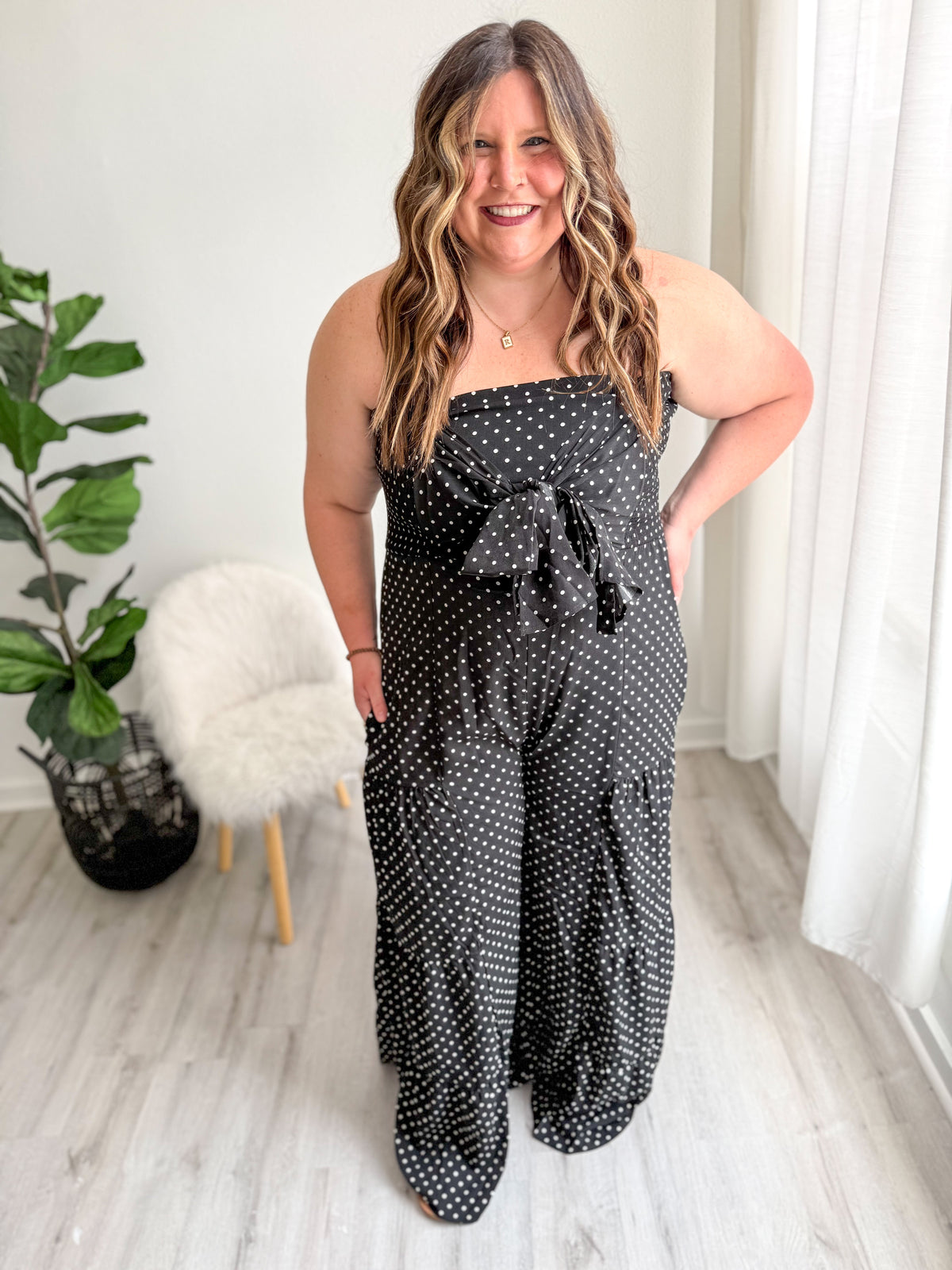 Polka Dot Tie Front Jumpsuit