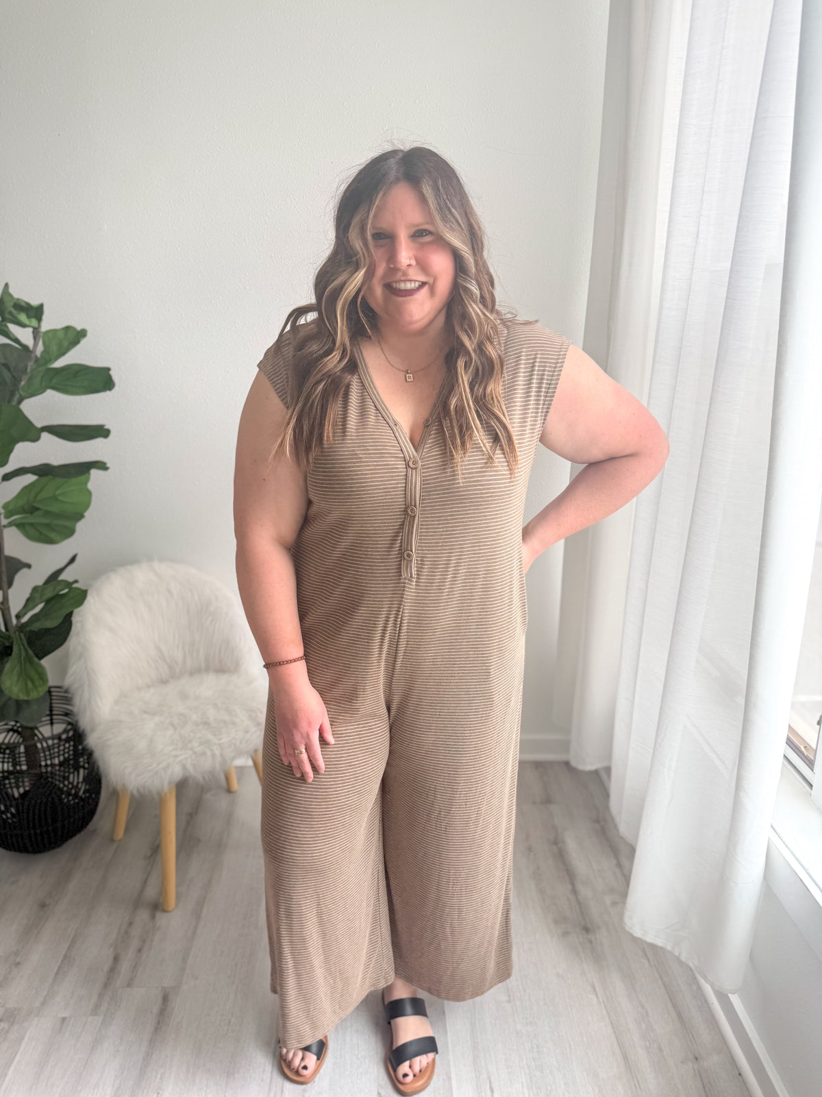 Mocha Stripe Jumpsuit -Plus Size