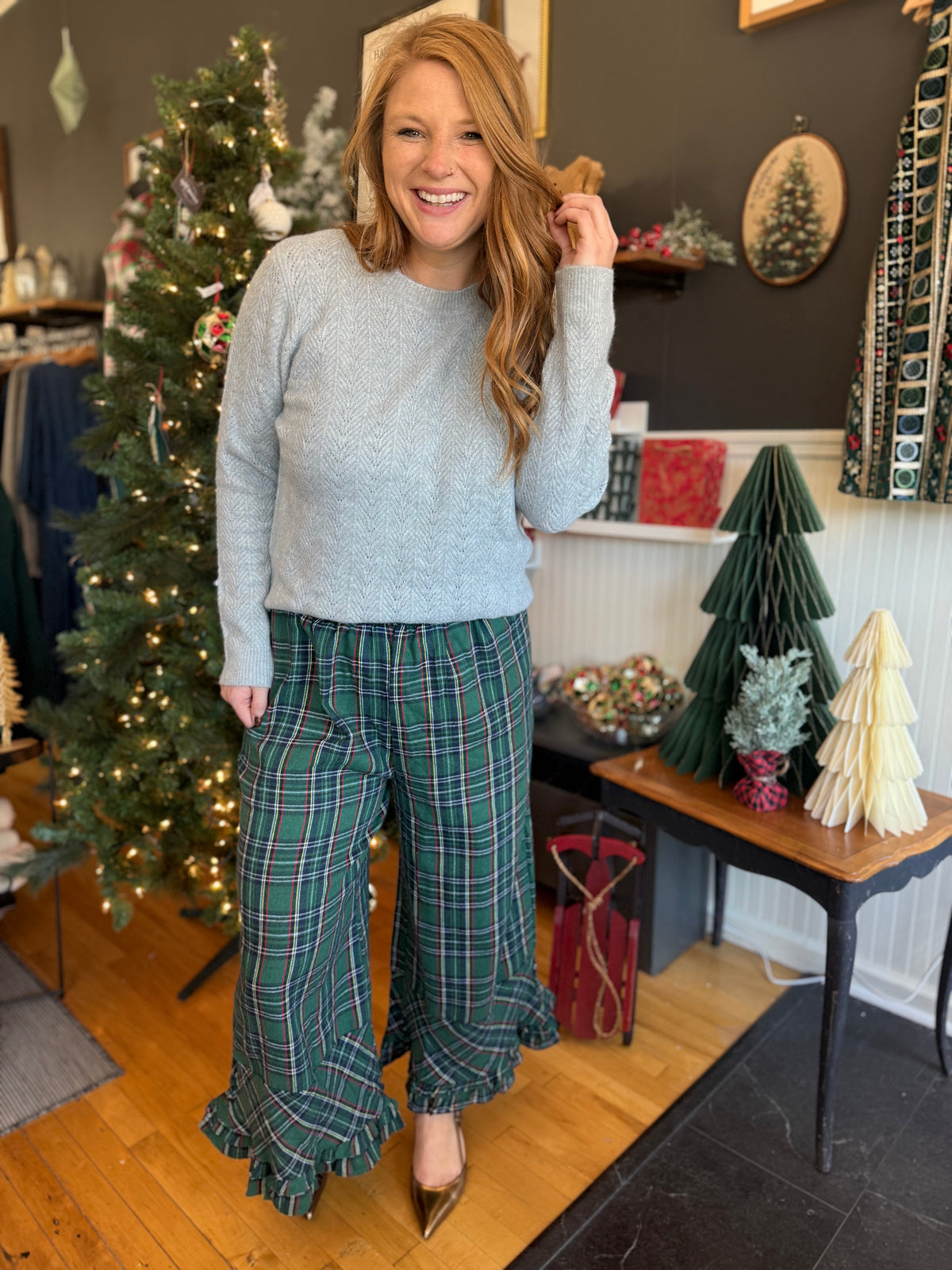 Green Check Flannel Wide Leg Ruffle Pant