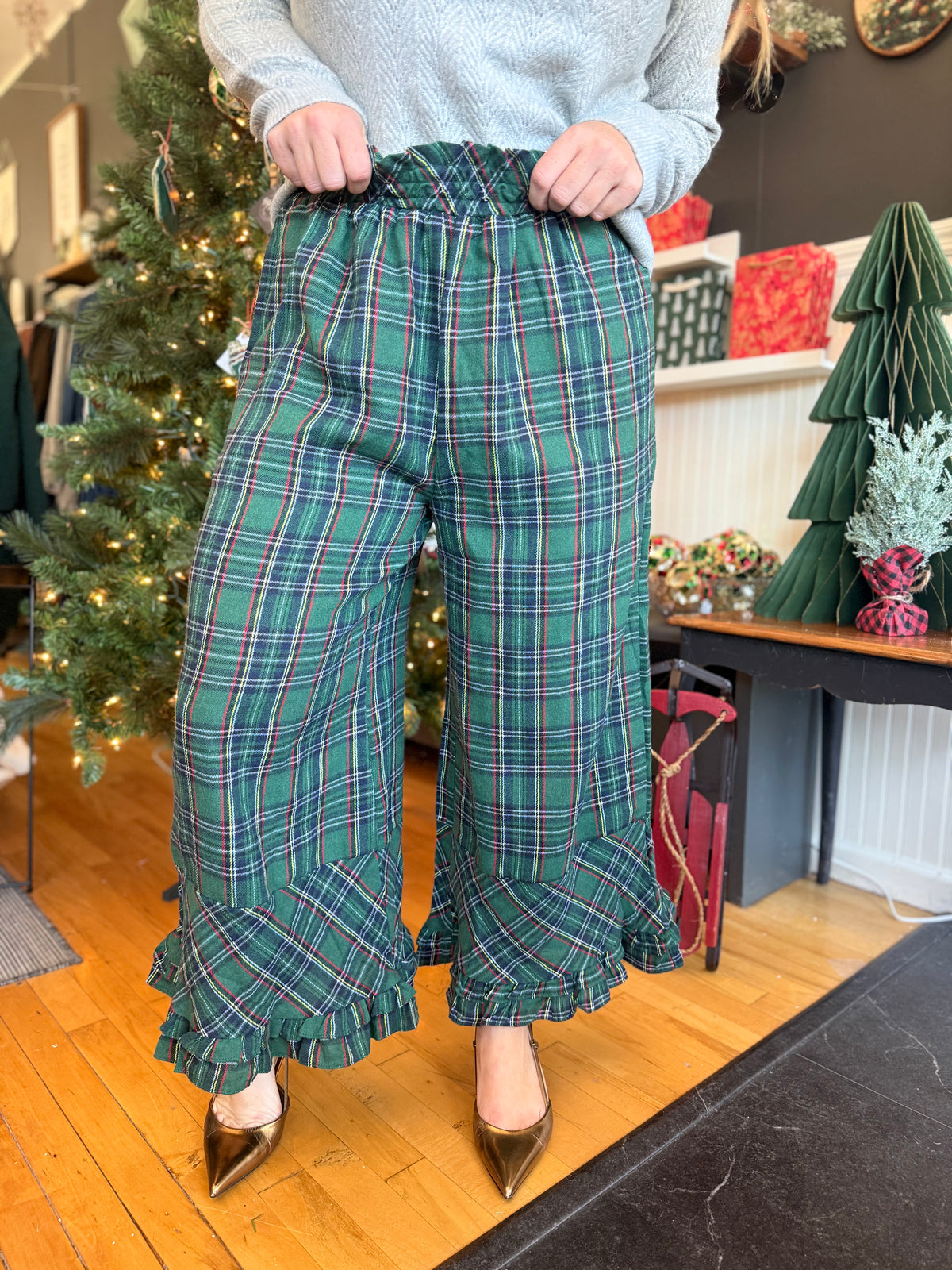 Green Check Flannel Wide Leg Ruffle Pant
