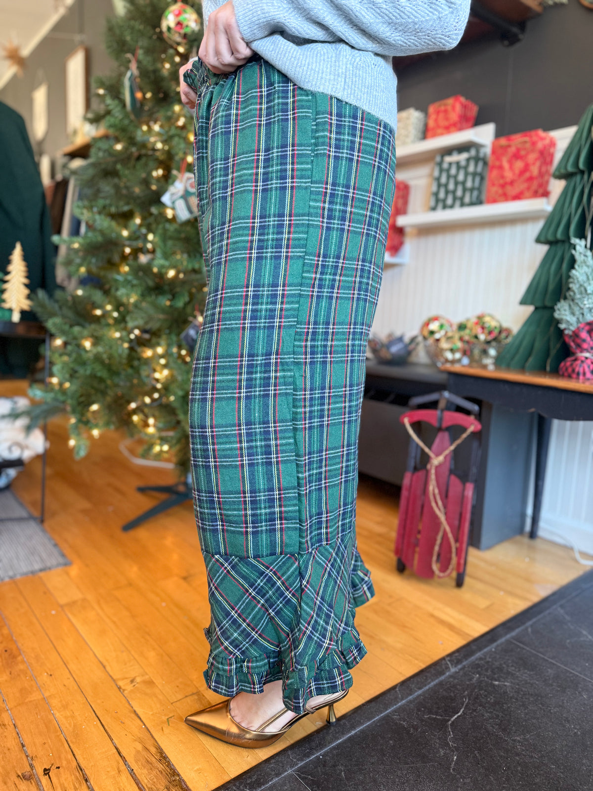 Green Check Flannel Wide Leg Ruffle Pant