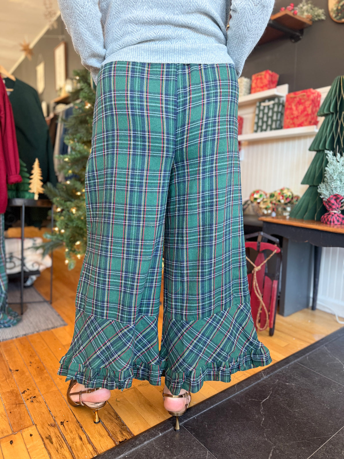 Green Check Flannel Wide Leg Ruffle Pant