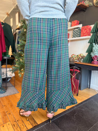 Green Check Flannel Wide Leg Ruffle Pant