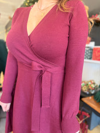 Wine Wrap Tie Sweater Dress