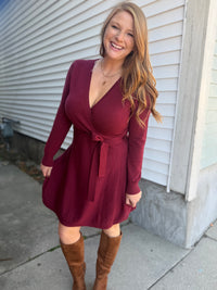 Wine Wrap Tie Sweater Dress
