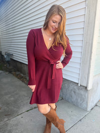 Wine Wrap Tie Sweater Dress