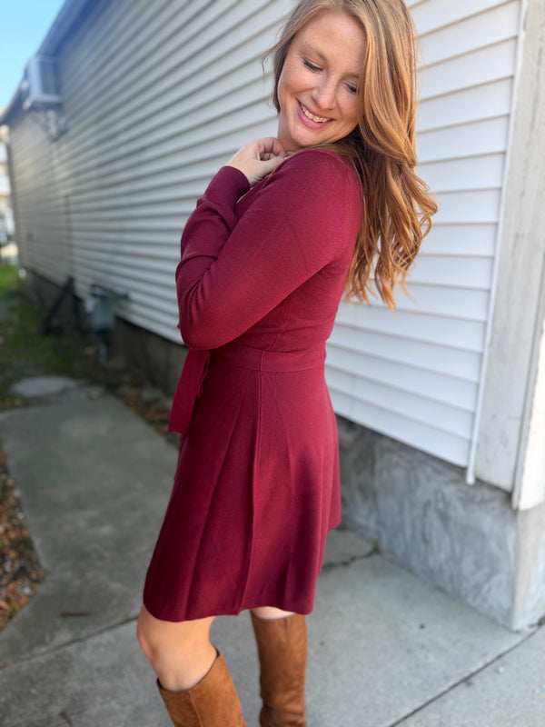 Wine Wrap Tie Sweater Dress