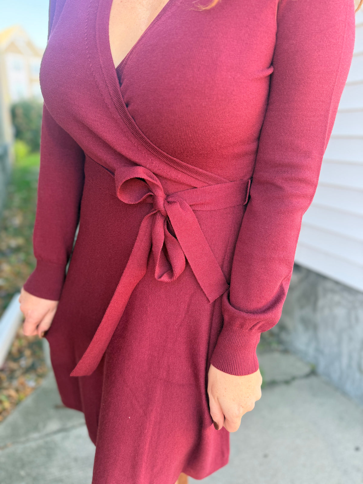 Wine Wrap Tie Sweater Dress