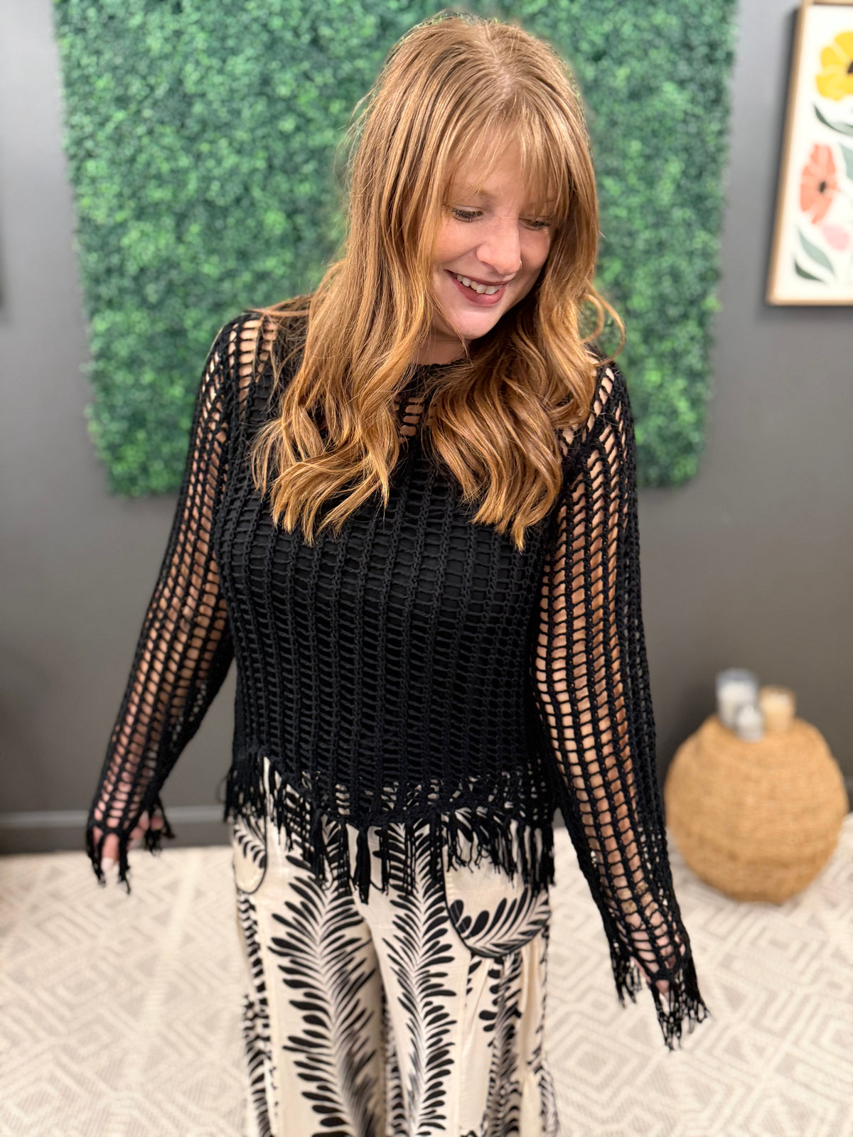 Black Fringe Open Sweater