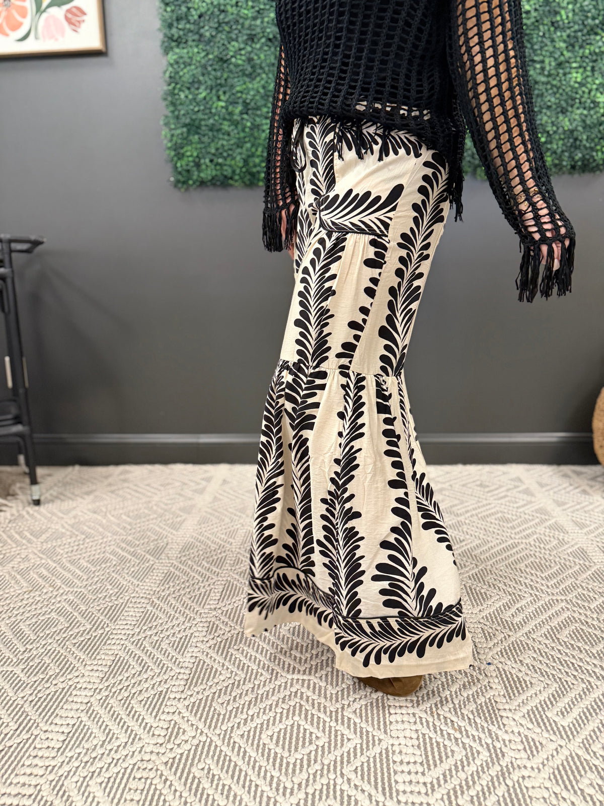 Black + Cream Floral Wide Leg Pants