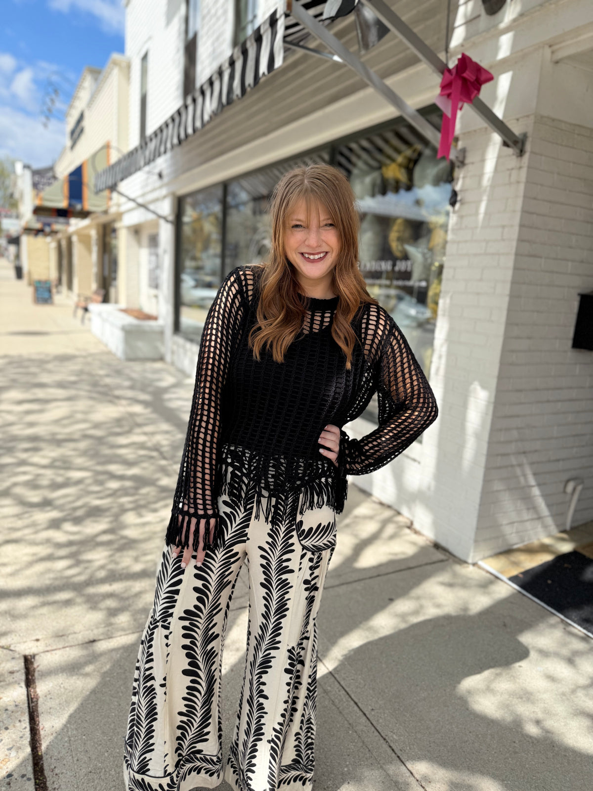 Black + Cream Floral Wide Leg Pants