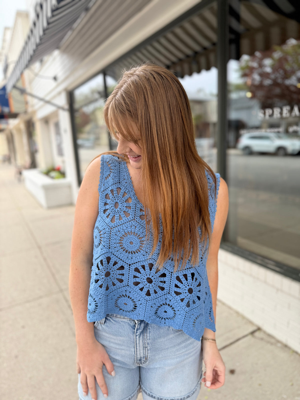 Crochet Tank Top Overlay - Blue Denim