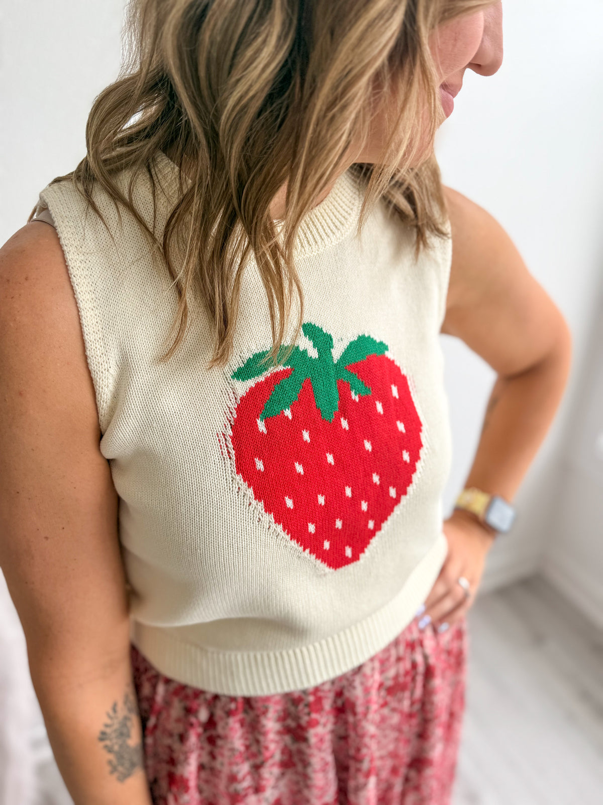 Cream Strawberry Sleeveless Sweater