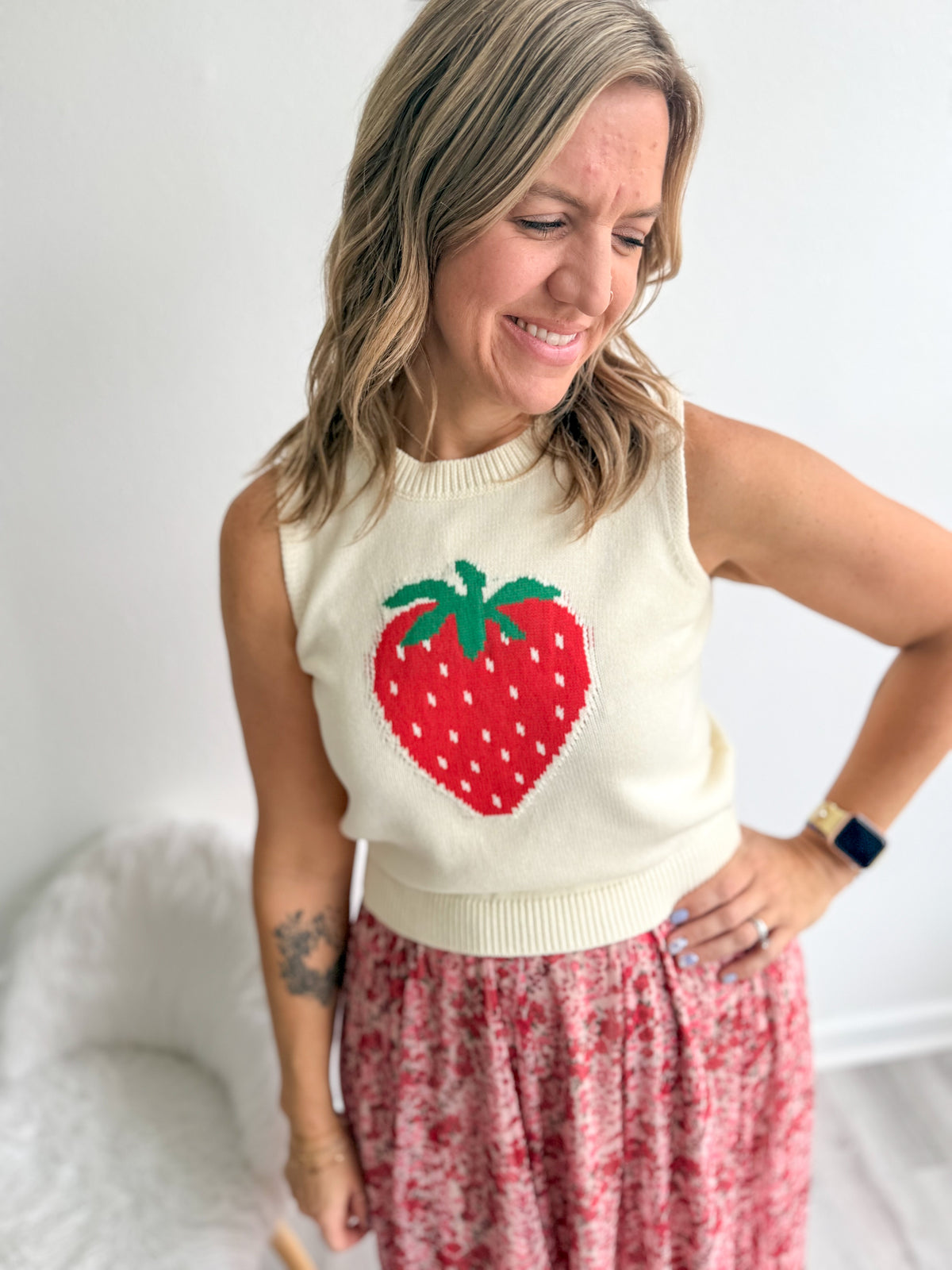 Cream Strawberry Sleeveless Sweater