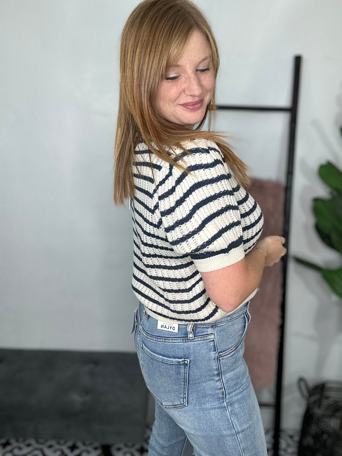 Navy Striped Short Sleeve Sweater