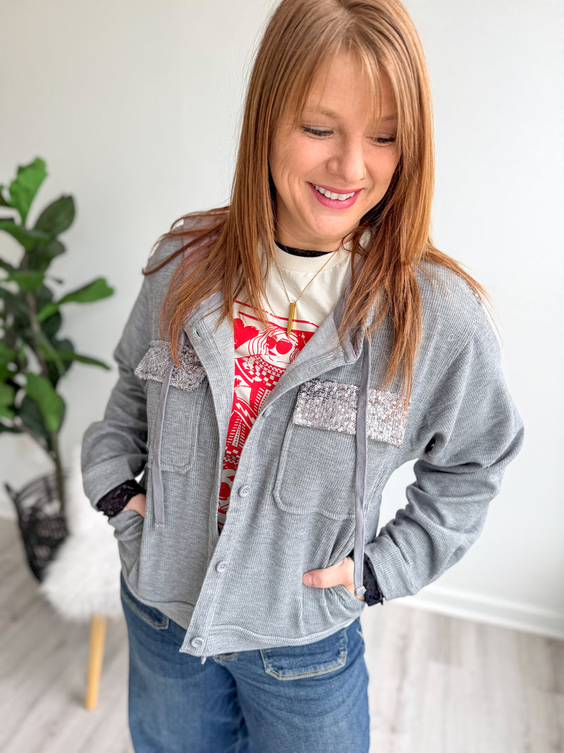 Silver Sequins Corduroy Hoodie Jacket