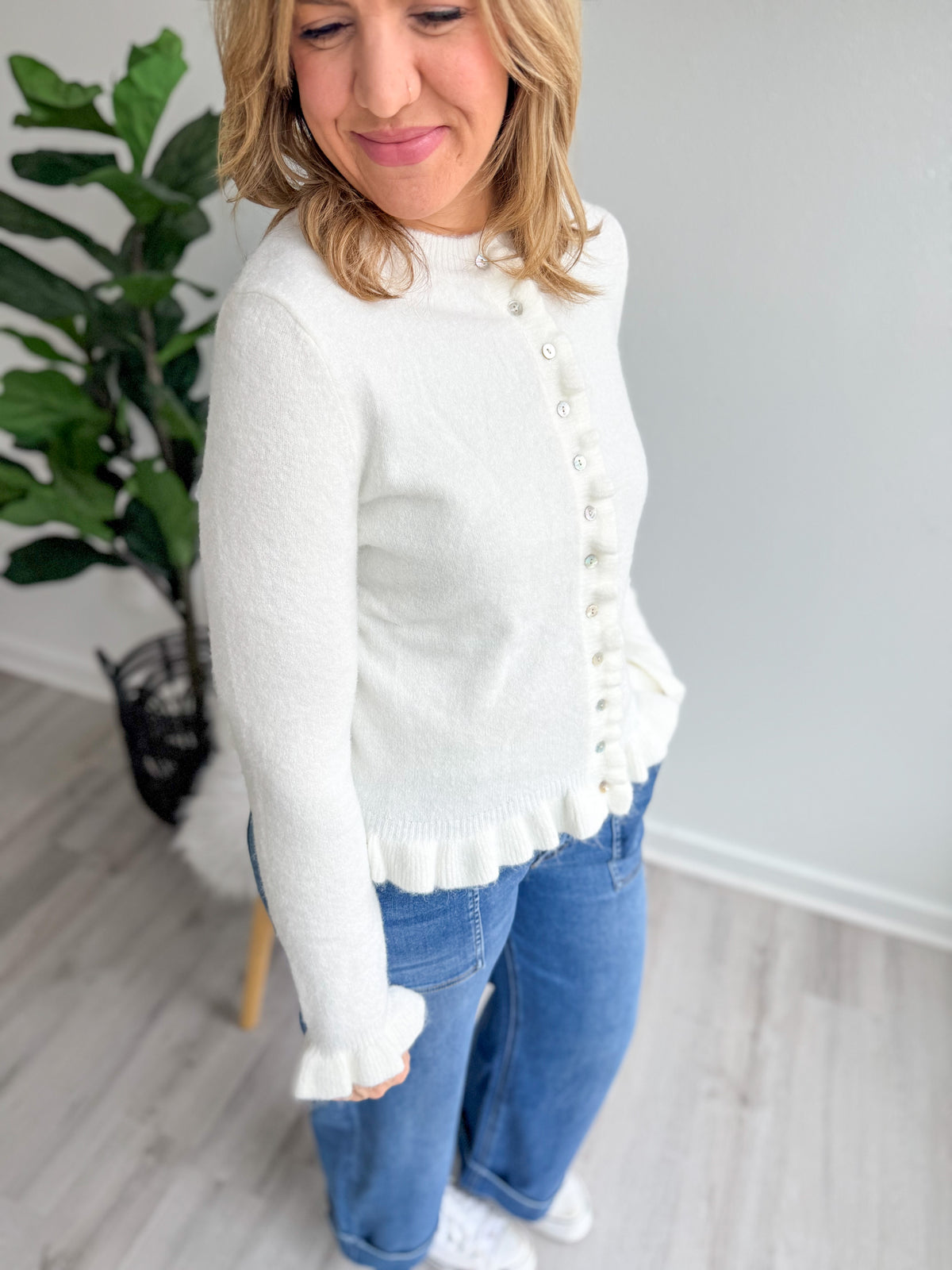 Ruffle Bottom Ivory Cardigan