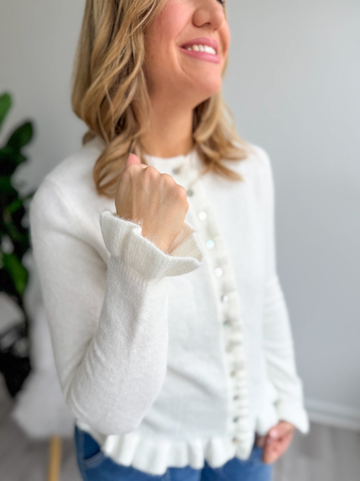 Ruffle Bottom Ivory Cardigan