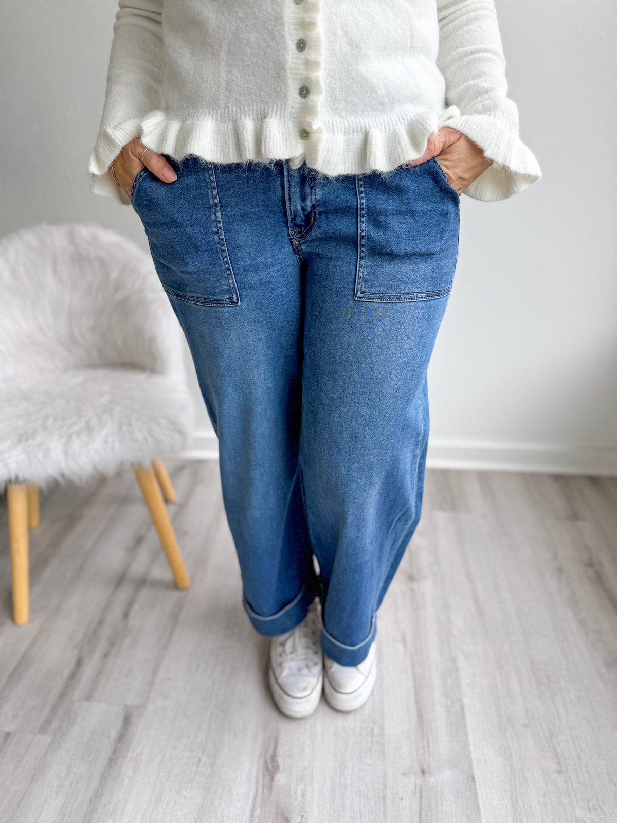 Stretchy Soft Cuffed Wide Leg Jeans