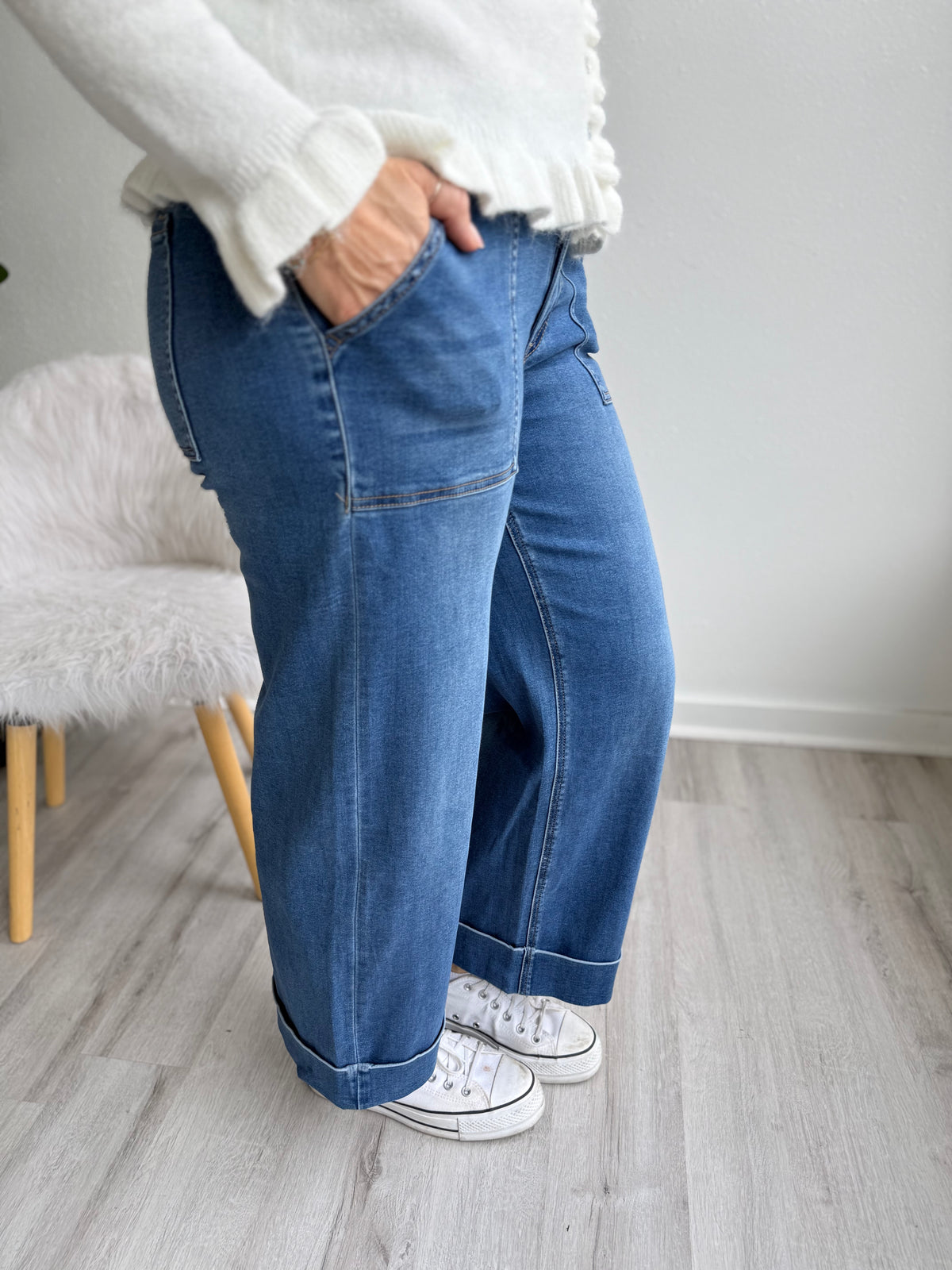 Stretchy Soft Cuffed Wide Leg Jeans