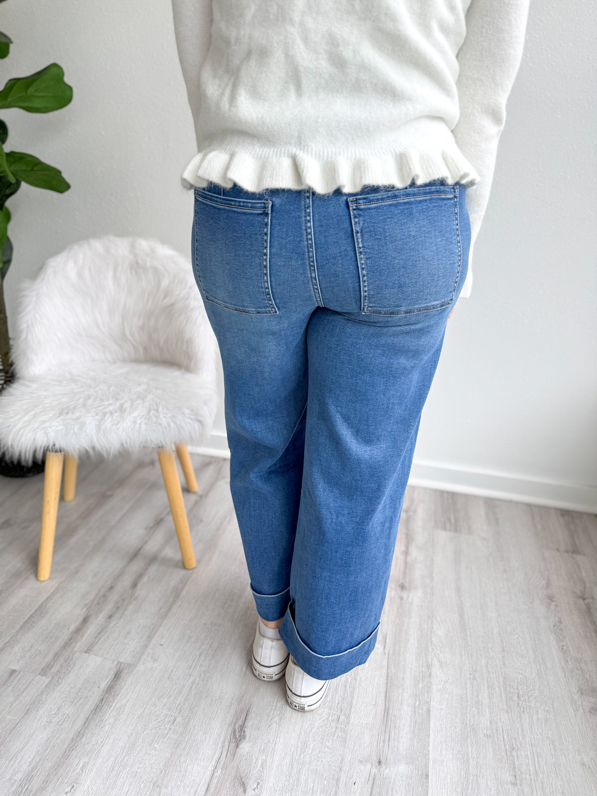 Stretchy Soft Cuffed Wide Leg Jeans