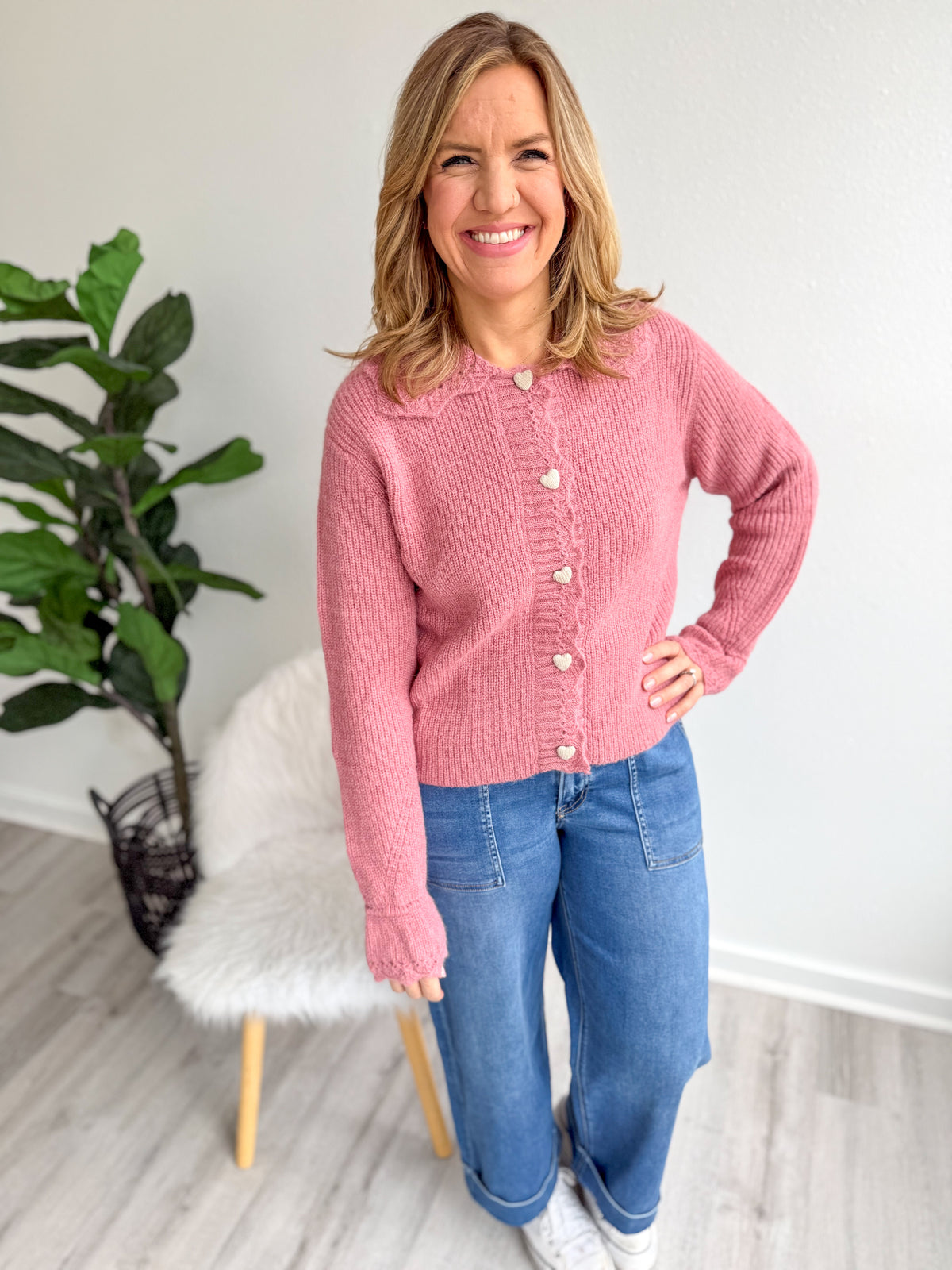 Mauve Heart Button Cardigan