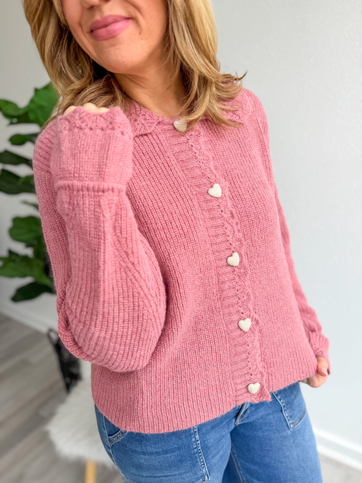 Mauve Heart Button Cardigan