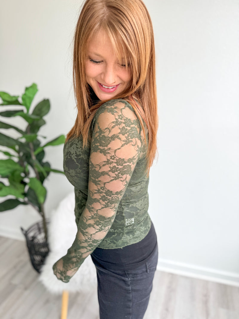 Olive Lace Sheer Top