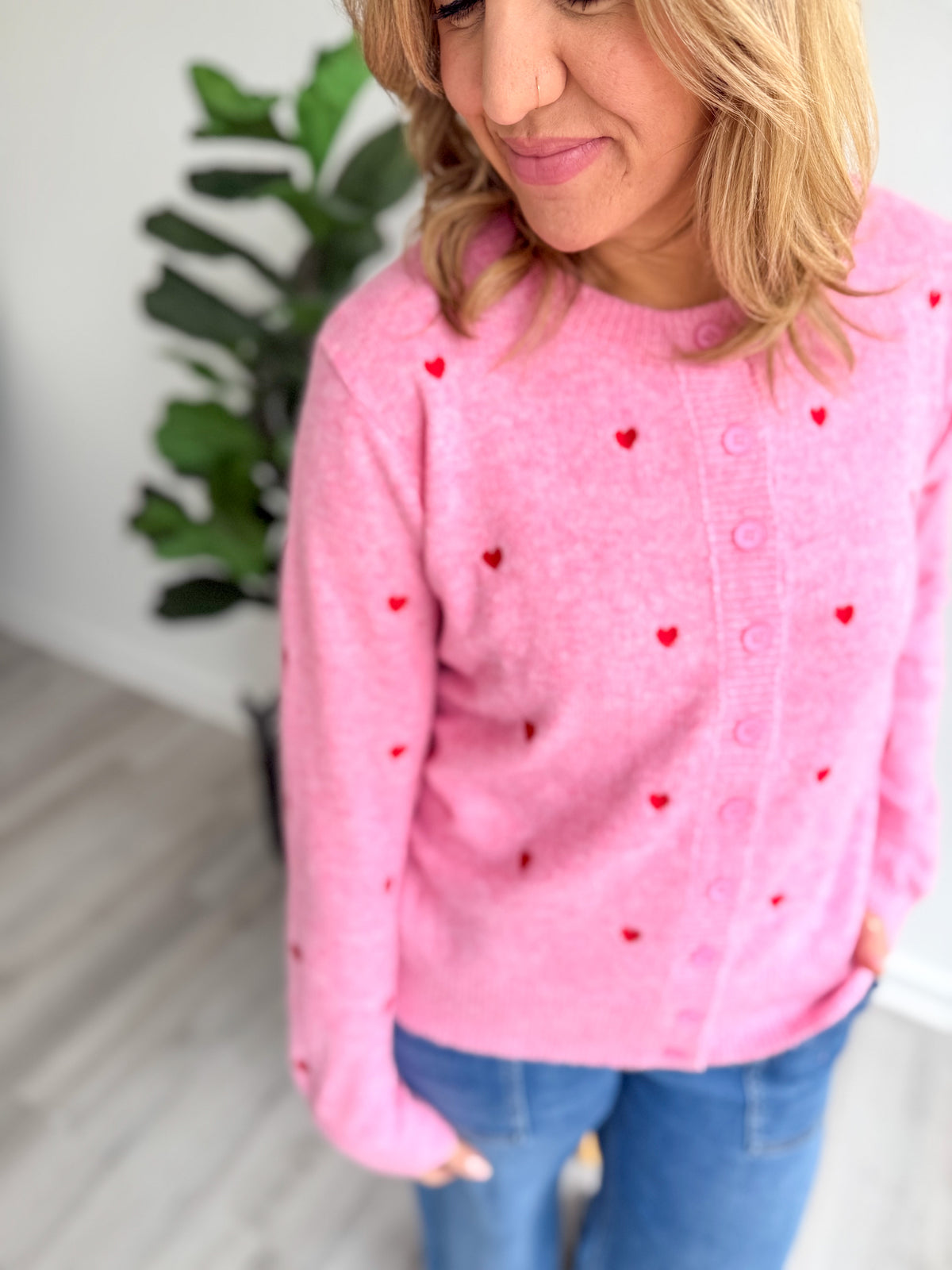 Pink Hearts Button Up Sweater