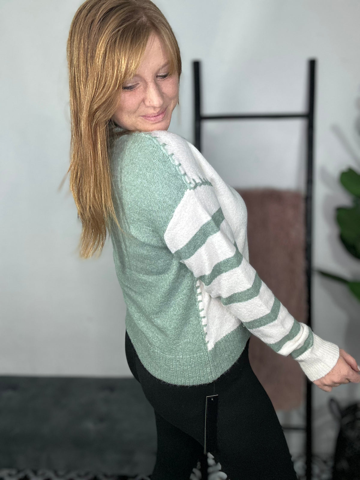 Sage & Ivory Blanket Stitch Sweater