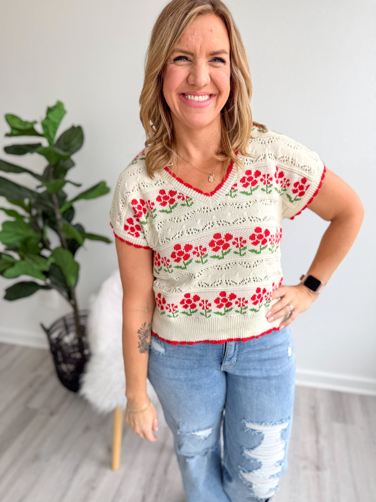Rosey Knit V-Neck Top