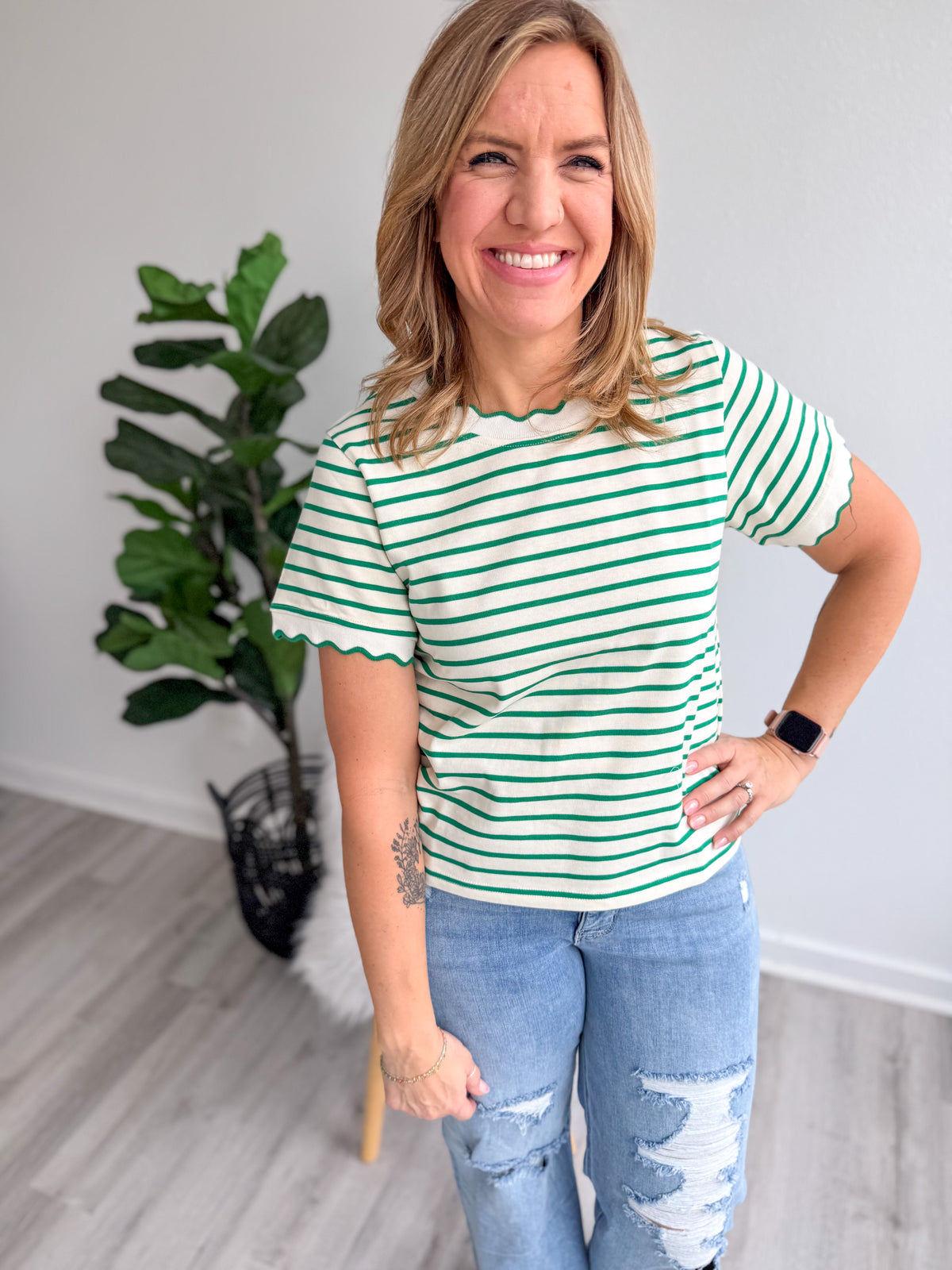Striped Ruffle Neckline Tee