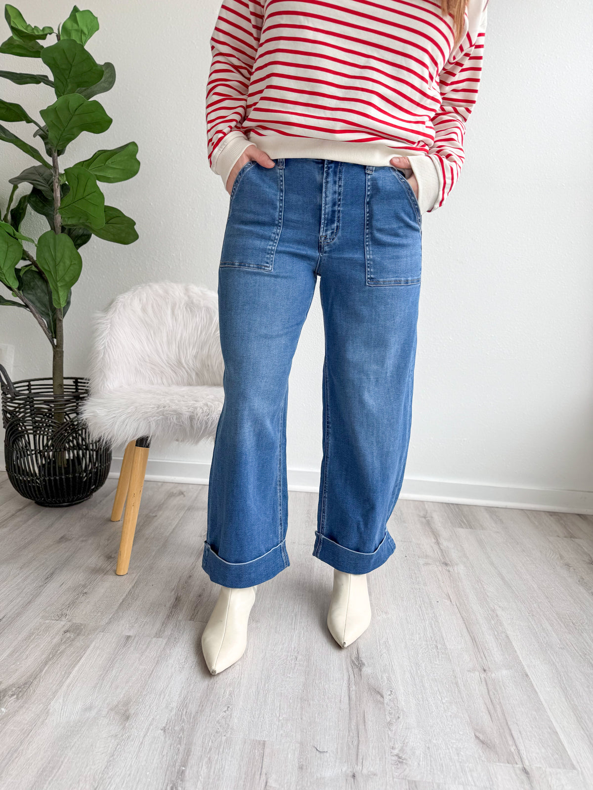Stretchy Soft Cuffed Wide Leg Jeans