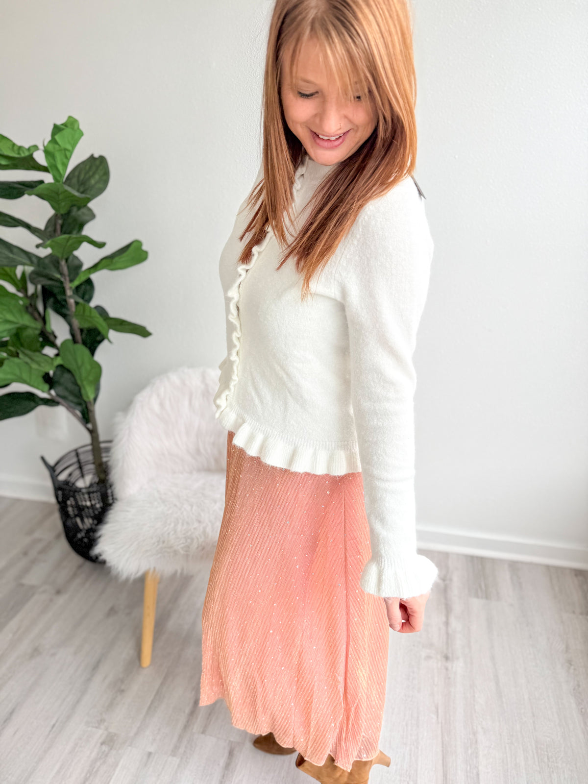 Ruffle Bottom Ivory Cardigan