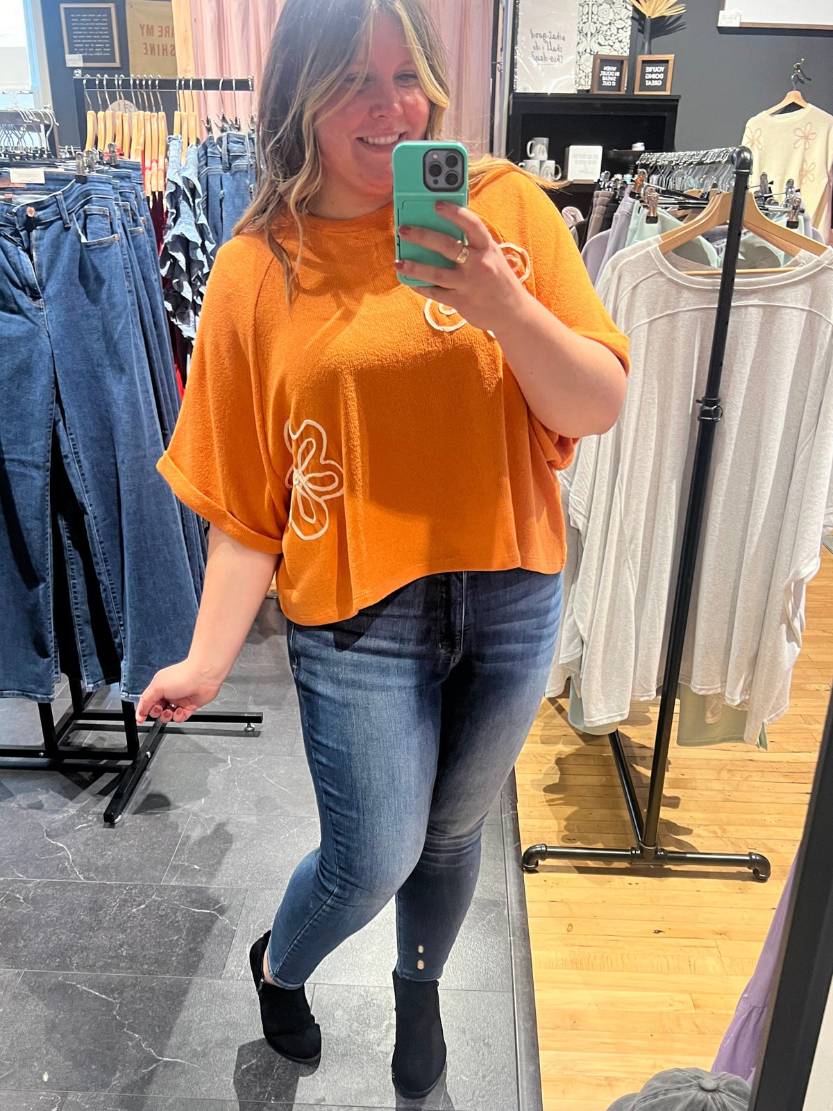 Orange Floral Short Sleeve Top