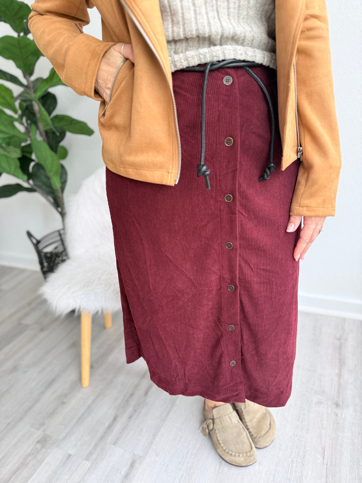 Wine & Noir Belted Corduroy Skirt