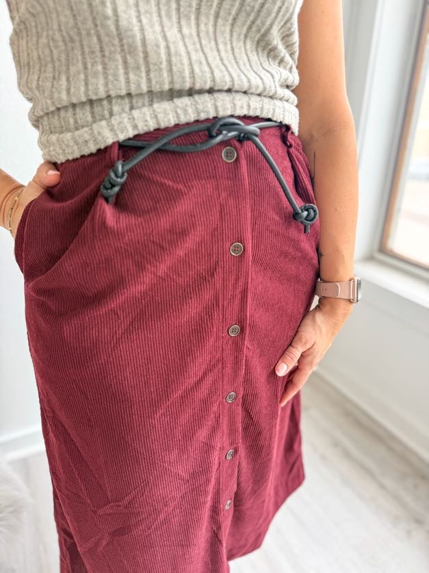 Wine & Noir Belted Corduroy Skirt
