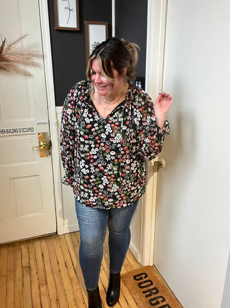 Black Floral Peasant Long Sleeve - Plus Size Only