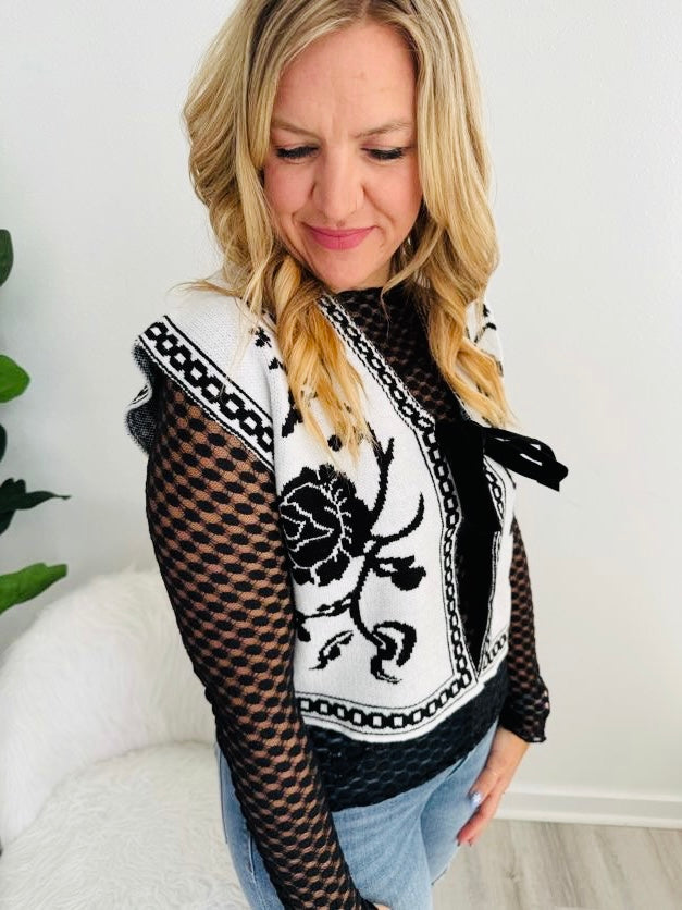 Black + White Floral Knit Vest